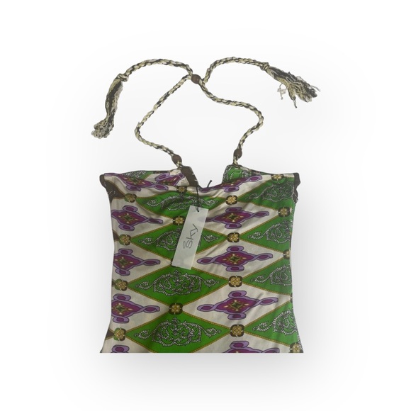 aso TV’s 90210 ✦ Sky ✦ Jeweled Neck Bold Print Silk Halter Top ✦ Braided Straps - Picture 10 of 16